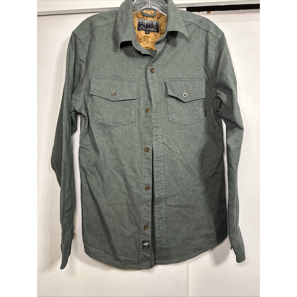Pladra Flannel Shirt Men's Small Green Herringbone Flip Cuff Pockets Made in US!